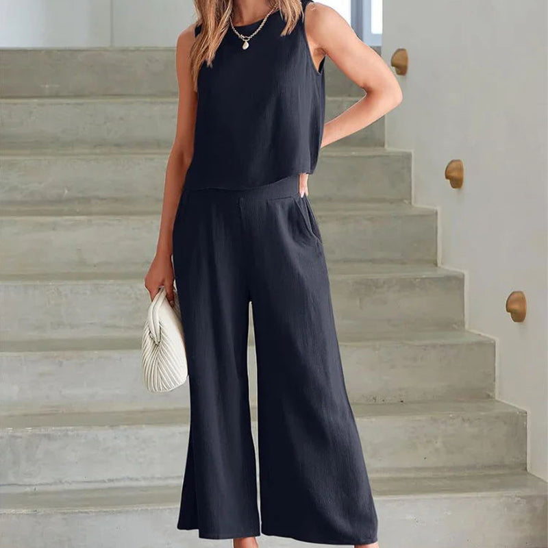 dames-katoen-linnen-2-delige-set-mouwloze-korte-top-en-broek-met-wijde