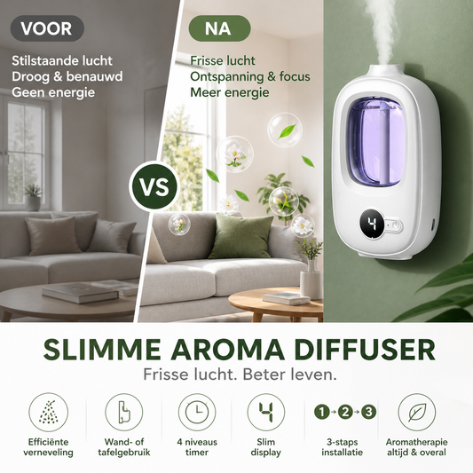 ✨ Nooit meer een muffe kamer! Deze slimme diffuser vernevelt automatisch jouw favoriete olie – muur of bureau, 4 timers, 1500 mAh. Jouw huis ruikt altijd heerlijk.