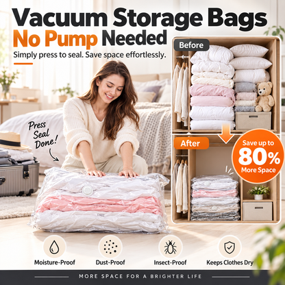⏳ALLEEN VANDAAG IN DE UITVERKOOP!🏆🧳Vacuümzakken zonder pomp – Gewoon dichtdrukken en klaar, geen pomp nodig. Bespaart 80% ruimte, houdt kleding droog en stofvrij. Perfect voor volumineus beddengoed en spullen die je buiten het seizoen niet gebruikt. 🛏️🗄️