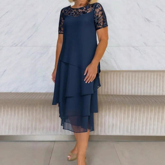 Dames elegante midijurk in A-lijn met gelaagde mesh