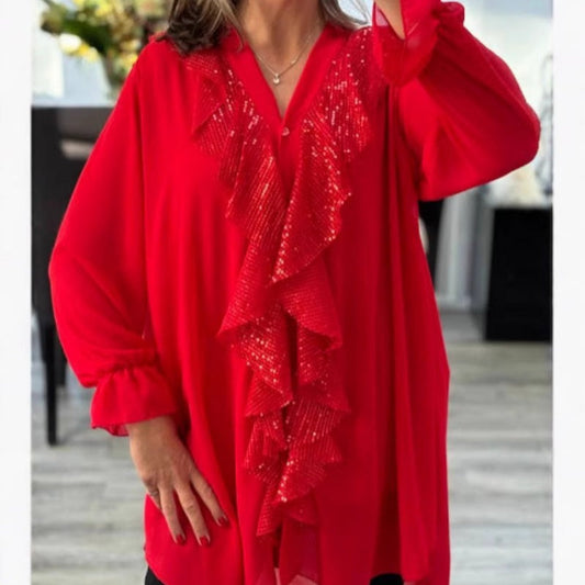 👚 NU 60% KORTING! ✨ Chiffon top voor dames met V-hals en pailletten – Lange mouwen, elegante glans & perfect voor avondgelegenheden 🌙📦