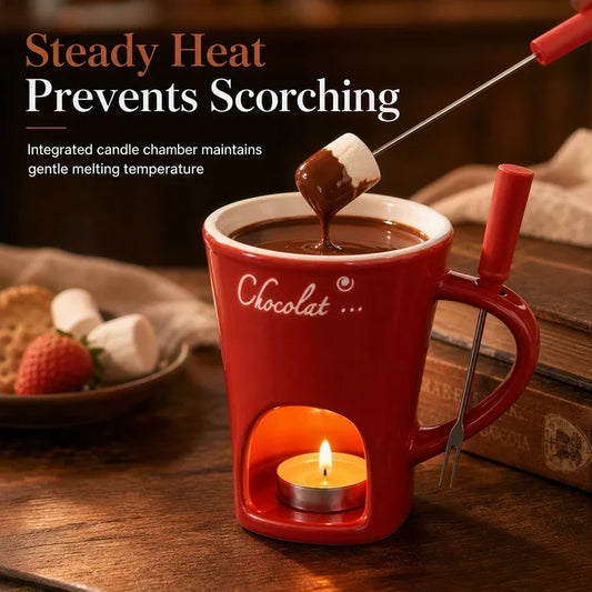 🍪Hete Aanbieding 50% KORTING☕Keramische Fondue Mok voor Chocolade en Kaas met Vork